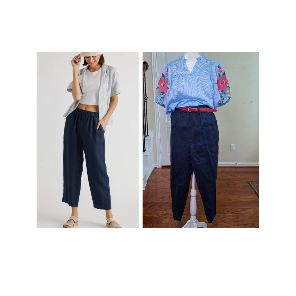 QUINCE Pant Blue Women S European Linen Ankle Pocket Belt Loops Preppy Travel